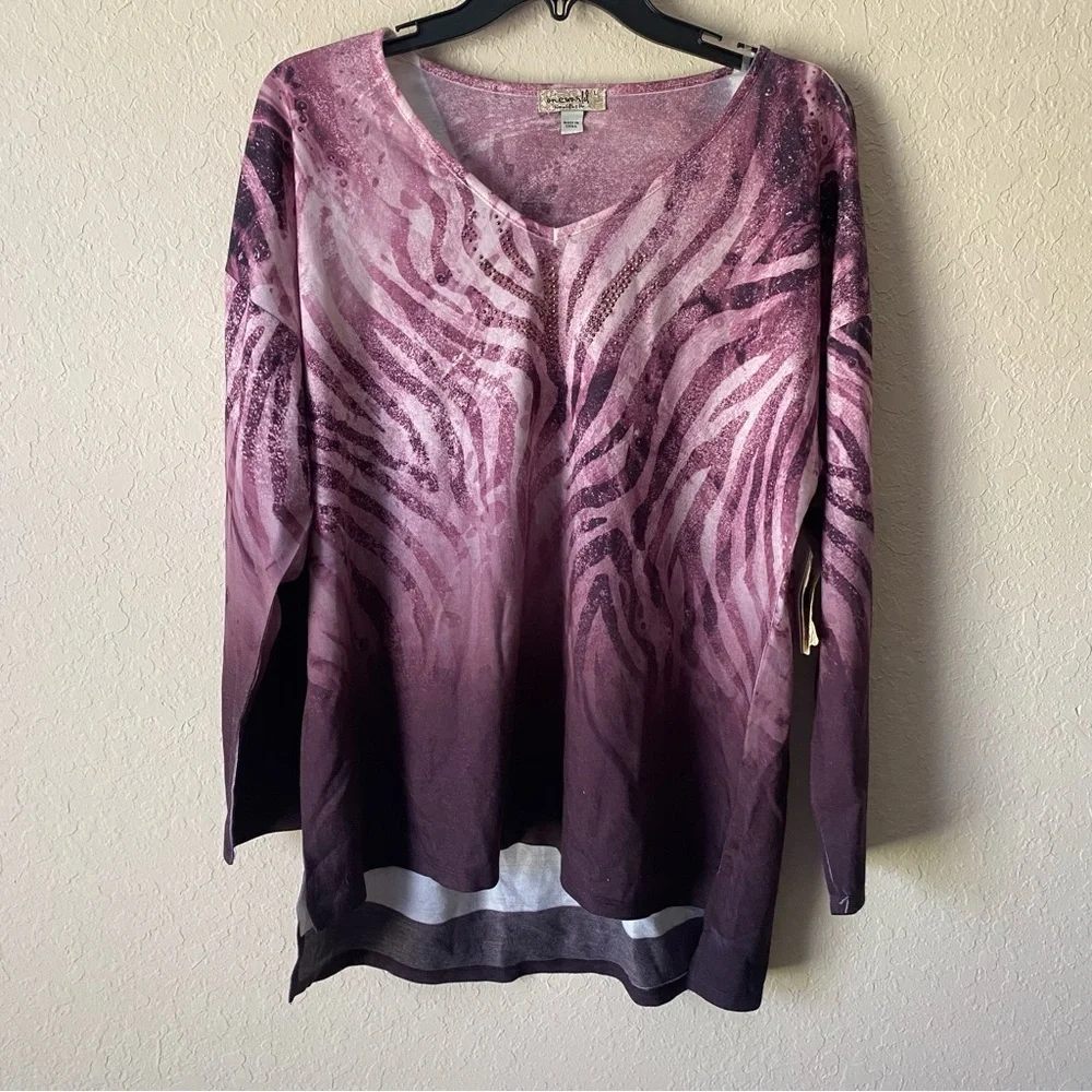 One World | Women's Boho Sparkle Patterned 3/4 Sleeve Top Size Large NWT Purple - Picture 1 of 8